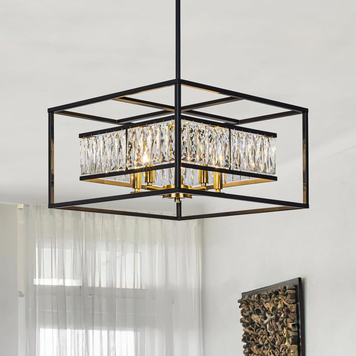 Black Crystal Foyer Entryway Chandelier Modern Farmhouse Square 5-Light Chandelier Light Fixture for Dining Room Kitchen Island Entrance Staircases Hallway