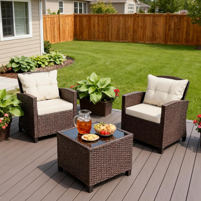 3 Piece Wicker Patio Furniture Set - Outdoor Rattan Conversation Set with Soft Cushions & Glass Coffee Table for Balcony, Porch, Small Backyard - All Weather Beige Bistro Set, Beige