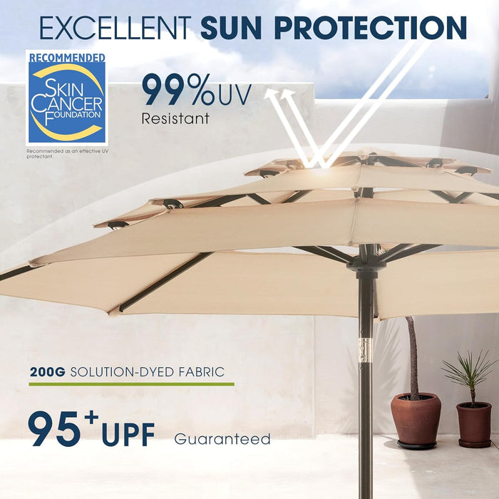 9Ft 3-Tier Patio Umbrella Outdoor Table Market Umbrella for Patio with Push Button Tilt/Crank, Fade Resistant Waterproof POLYESTER Canopy for Garden, Lawn, Deck, Backyard & Pool, Beige