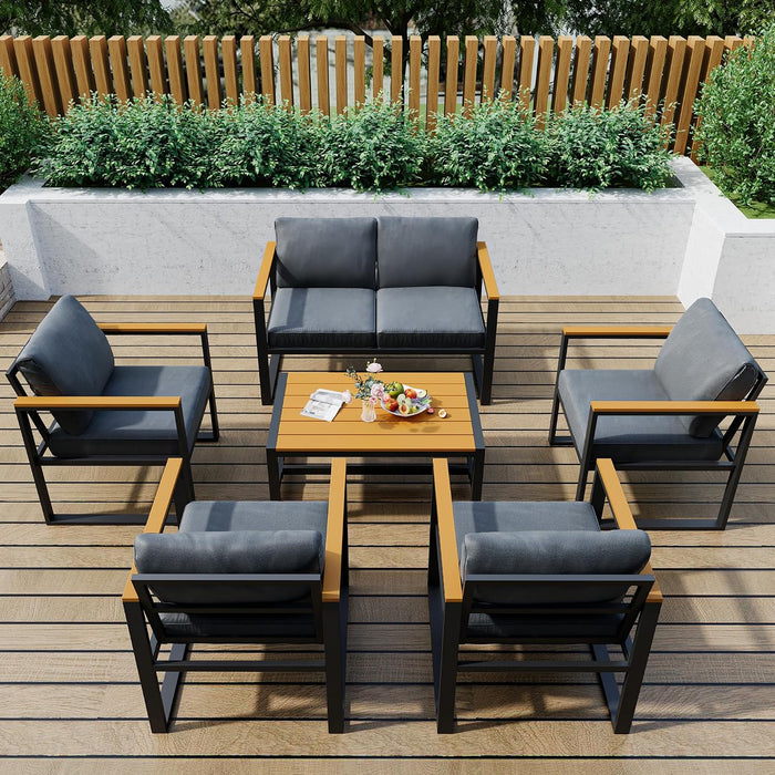 6 Pieces Outdoor Patio Furniture Set, Modern Metal Balcony Furniture with Plastic-Wood Coffee Table, All-Weather Patio Conversation Set with Thick Cushion for Balcony, Porch, Gray