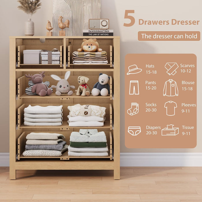 Natural 5 Drawer Dresser, Tall Modern Dresser for Closet, Bedroom