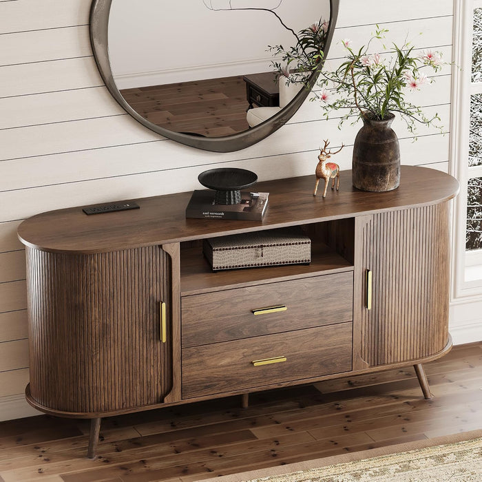 60" Sideboard Buffet Cabinet, Walnut Buffet Sideboard Storage Cabinet, Sliding Door & Adjustable Shelf, Mid-Century Modern Accent Coffee Bar Console Table for Kitchen, Entryway/Living Room/Dining Room