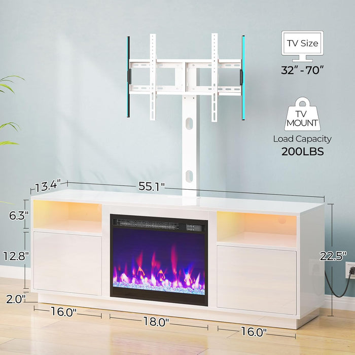 Fireplace TV Stand with Led Lights and Power Outlets, Entertainment Center with Electric Fireplace, Swivel TV Stand Mount for 45/55/60/65 Inch Tvs, Height Adjustable TV Console, White