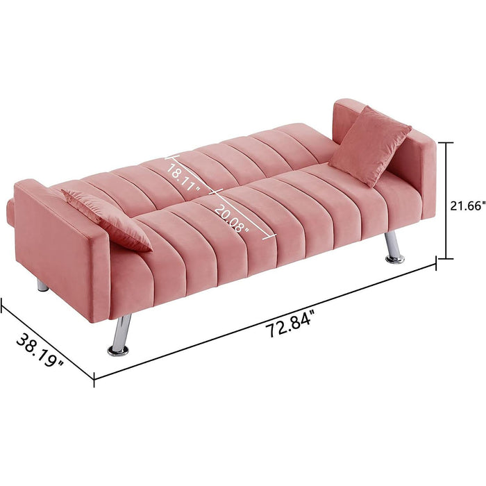 Pink Velvet Sofa Bed with 2 Pillows