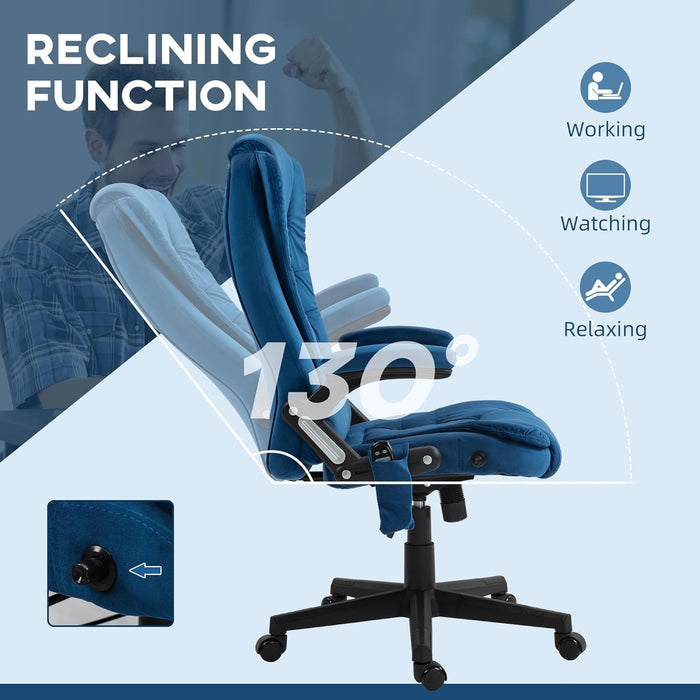 6 Point Vibrating Massage Office Chair with Heat, Velvet High Back Executive Office Chair with Reclining Backrest, Padded Armrests and Remote, Drak Blue