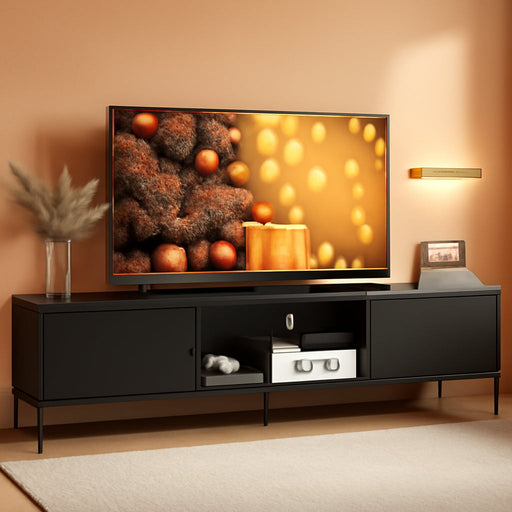 TV Stand for 65 Inch TV, Mid Century Modern Entainment Center with 2 Storage Cabinets & Open Shelf, TV Console Table Media with Metal Legs for Living Room, Bedroom, Black