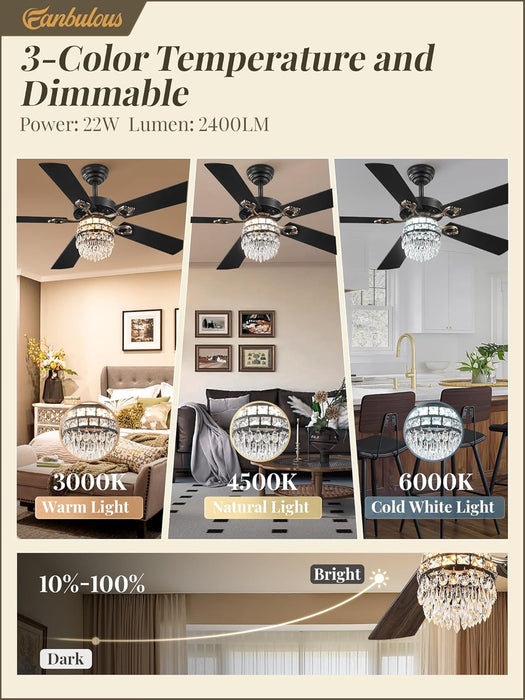 48 Inch Crystal Chandelier Fan with 22W LED, Fandelier Ceiling Fan with Light, Dimmable, 3CCT, 6-Speeds, Quiet DC Motor, Ceiling Fan Chandeliers, Modern Ceiling Fans for Bedroom, Living Room