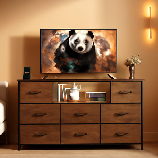 Dresser for Bedroom, TV Stand for Bedroom for 55 Inch TV with Charging Station and LED Lights, Fabric Chest of Drawers with Open Shelves, 8 Drawers Dressers for Living Room, Closet