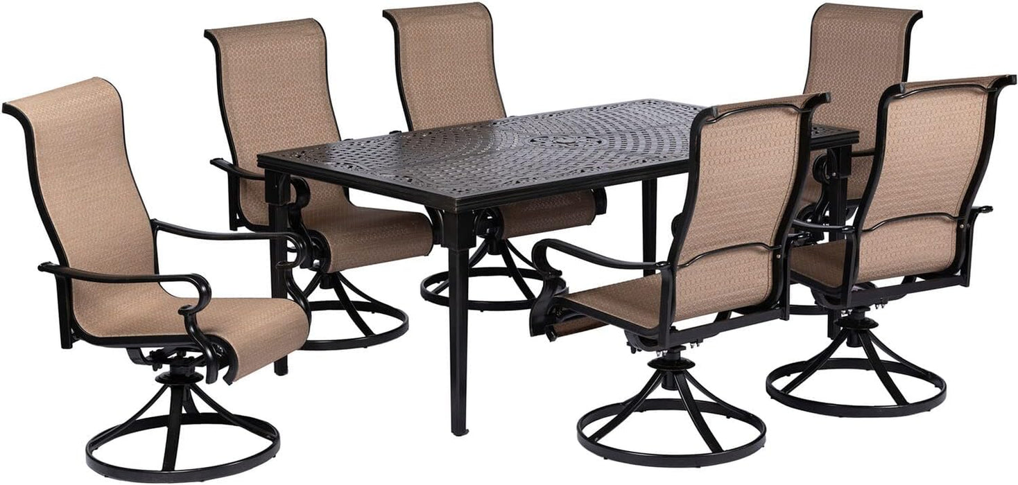 Brigantine 7-Piece Outdoor Dining Set, Weather-Resistant Patio Dining Set for 6 with Rectangular Table and Sling Swivel Rockers for Backyard, Patio, Deck, Porch, Pergola, Poolside