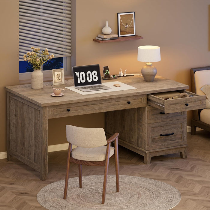 53.5" Farmhouse Computer Desk with Charging Station, Rustic Black Home Office Executive Desk, Wooden Workstation with File Cabinet Storage Drawers for Writing & Study, Rustic Gray
