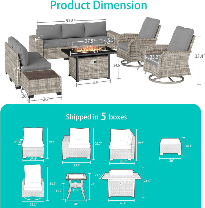 10-Piece Outdoor Patio Furniture Set with Rocking Swivel Chair, PE Wicker Rattan Sectional Sofa Patio Conversation Set with 55,000 BTU Fire Pit Table & Coffee Table, Grey