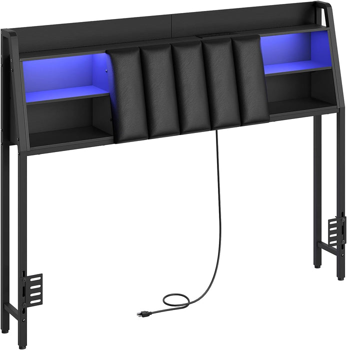 Upholstered Headboard Queen Size with Storage, Headboard with Charging Station and LED Light Strip, Padded Backrest and Open Storage Shelf, Metal Frame Adapter, for Queen Bed Frames, Black