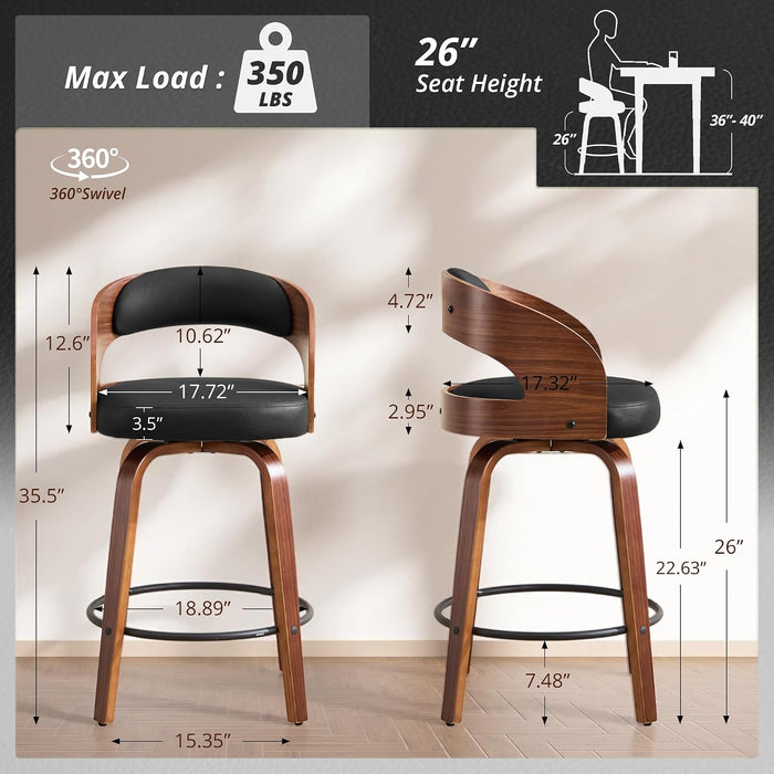 Swivel Bar Stools Set of 2,26" Faux Leather Upholstered Counter Height Barstools with Back,Mid-Century Modern Bar Chairs with Bentwood Legs and Footrest for Kitchen Island Bar Counter Black