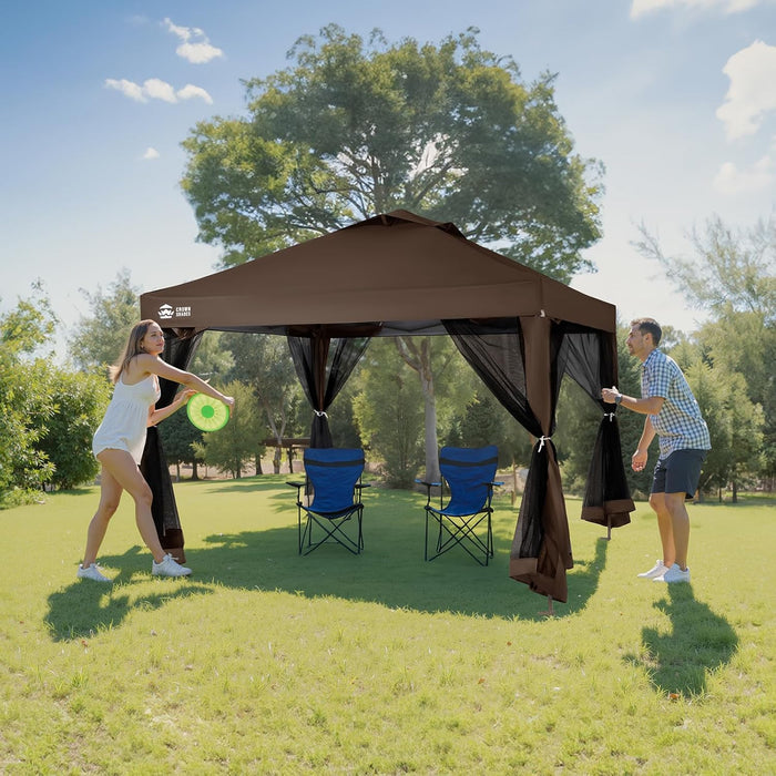 CROWN SHADES Gazebo 10X10 Pop up Canopy with Mosquito Netting, Screen Tent with 4 Ropes, 8 Stakes, 4 Sandbags and Wheeled Storage Bag, Canopy for Patio & Backyard Parties,Camping&Events -(Coffee)