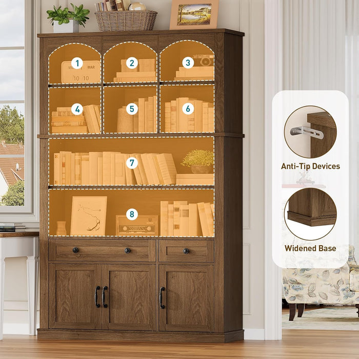 73.2" Tall Farmhouse Arched Bookshelf with Drawer and Door, 6 Tier