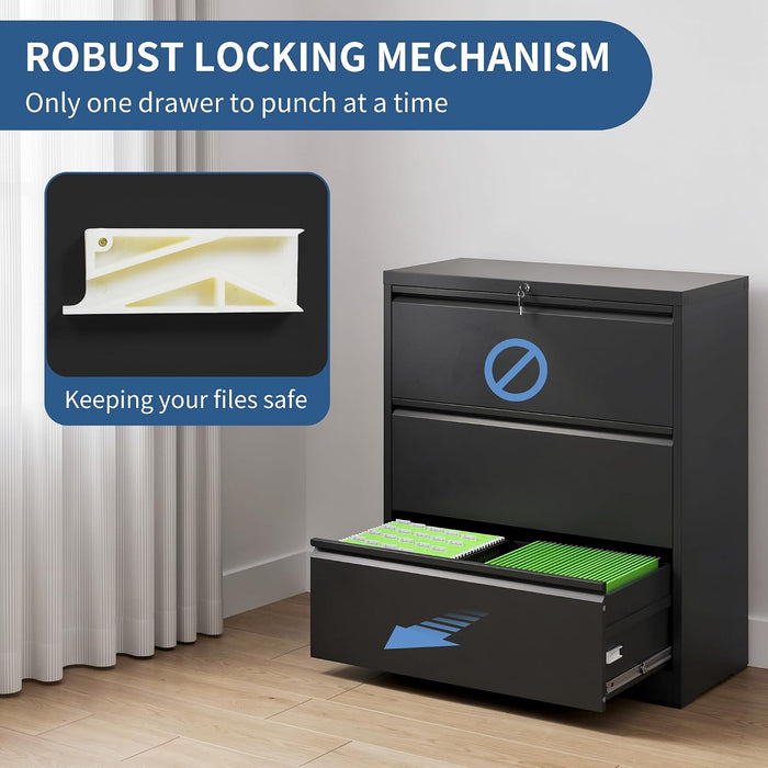 3 Drawer File Cabinet with Lock, Metal Lateral Filing Cabinets