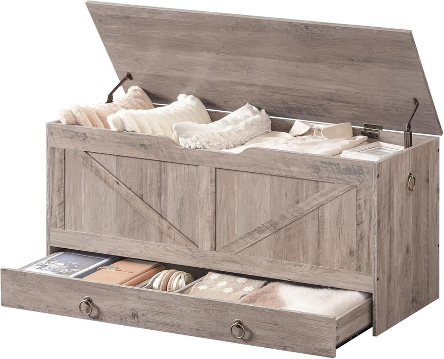 Storage Chest, 43.3" Toy Chest with Drawer, Wooden Storage Bench, Sturdy Entryway Bench Supports 220 Lb, Shoe Bench, Safety Hinge, U-Shaped Opening, Easy Assembly, Greige BG711CW01G1