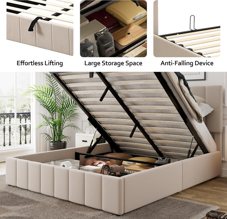 Gas Lift up Storage Platform Bed, Upholstered Bed Frame with Hydraulic Storage System and Wooden Slat Support, Queen Size, Beige