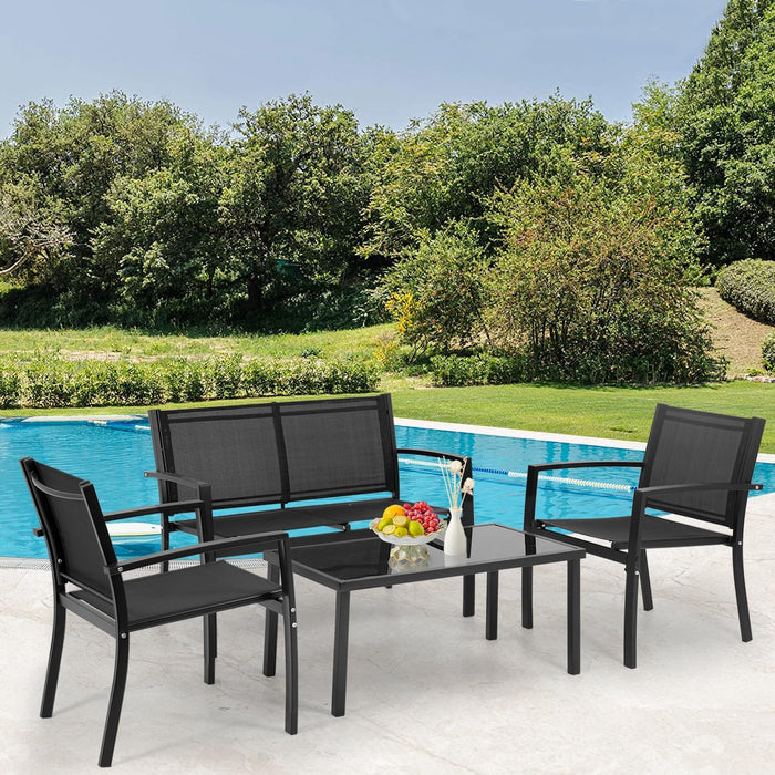 4 Piece Outdoor Conversation Set for Patio Lawn Poolside with Glass Coffee Table Tempered Glass Tabletop Waterproof Set Textile Modern Conversation Set