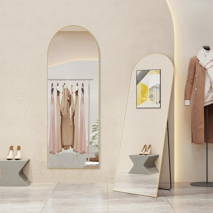 64"X21" Arched Full Length Mirror, Full Body Mirror with Leaning or Standing, Floor Standing Aluminum Frame for Bedroom, Livingroom, Cloakroom, Gold