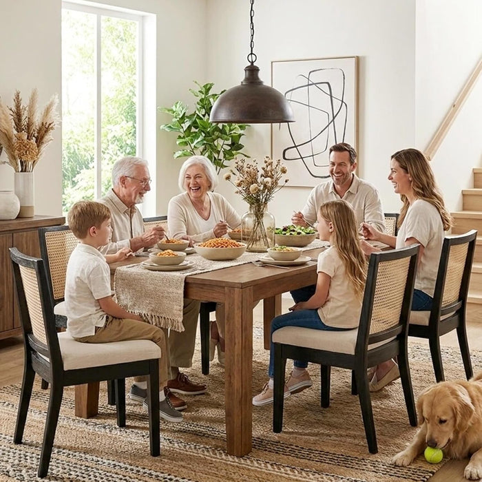 Farmhouse Rattan Dining Chairs Set of 2, Mid Century Modern Kitchen & Dining Room Chairs, Cane Upholstered Kitchen Side Chair with Black Hardwood Frame, Beige