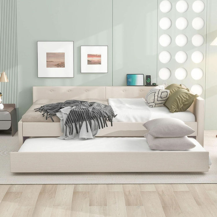 Queen Linen Upholstered Platform USB Ports and Twin Size Trundle,Modern Wooden Bed Frame W/Wood Slats Support,No Box Spring Required,For Dormitory,Apartment,Beige