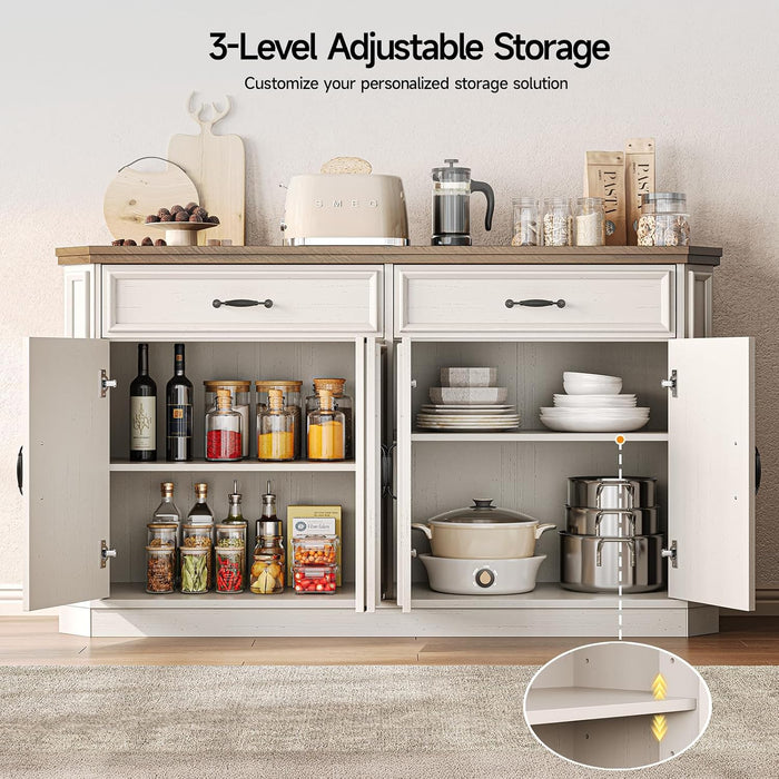55" Sideboard Buffet Cabinet with 2 Storage Drawers & 4 Doors, Modern Kitchen Sideboards and Buffets with Adjustable Shelves, Wood Coffee Bar Cabinet for Living Room, Entryway, Off-White