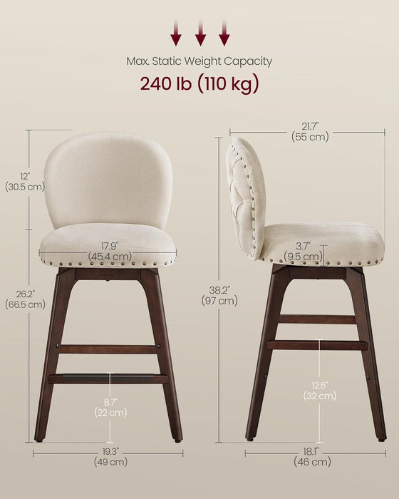 Bar Stools Set of 2, Swivel Counter Height Bar Stools with Back and Wood Legs, Chenille Fabric Upholstered Barstools, 26.2-Inch Tall Counter Barstools for Kitchen Island, Cappuccino Beige