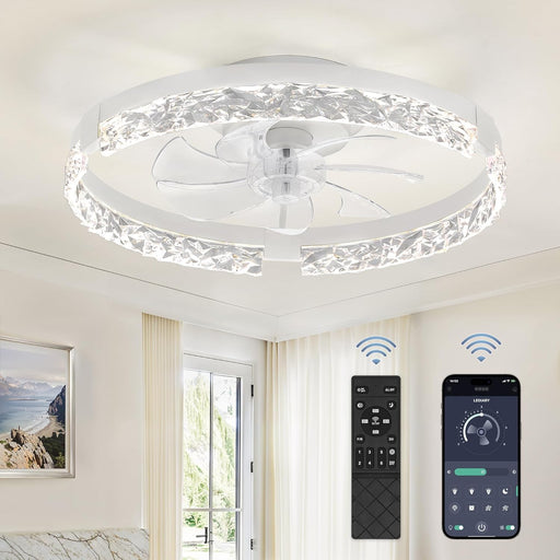 20 Inch Low Profile Ceiling Fans with Lights and Remote, Fandelier Ceiling Fan Flush Mount, 3000K-6000K Dimmable LED Fan Light, White Modern Ceiling Fans with Lights for Bedroom