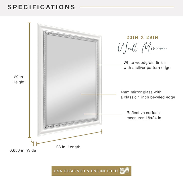 23X29 Large Wall Mirror, White Woodgrained Frame with Silver Embossed Detail & Beveled Detail Mirror, Vertical & Horizontal Wall Hanging Mirror for Bathroom, Bedroom & Livingroom