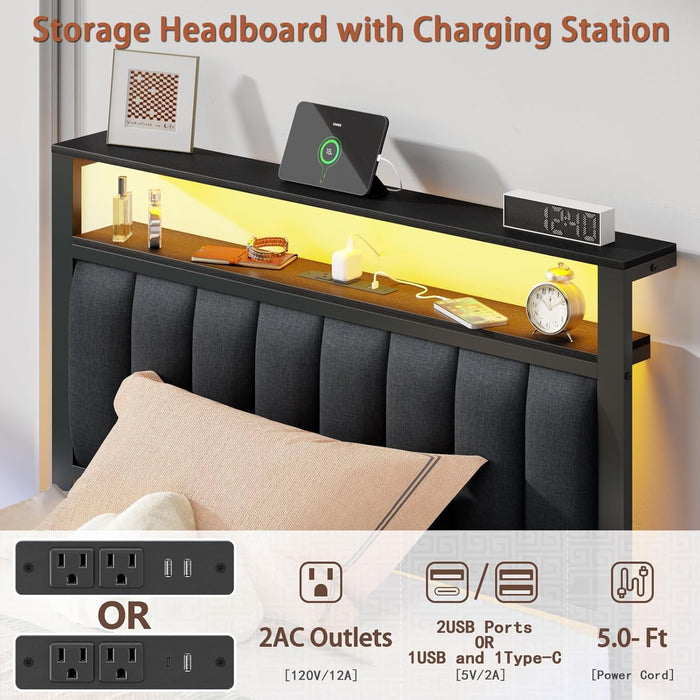 Twin Size Bed Frame with Charging Station and LED Lights