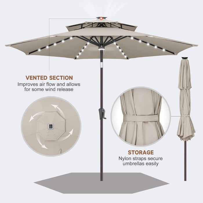 Solar Patio Umbrella Outdoor with Centre Light, 9 Ft Taupe