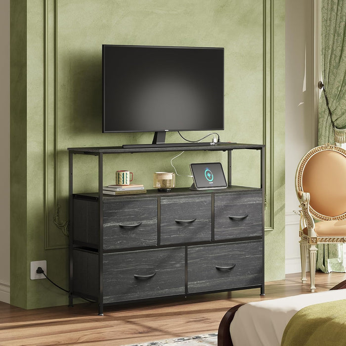 Dresser for Bedroom with 5 Drawers，Fabric Dresser with Charging Station,Chest of Drawer with Open Shelves, Storage Dresser for Living Room, Closet, Entryway, Charcoal Black Wood Grain Printt