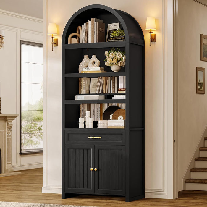 2 Pcs 84.2" Tall Arched Cabinets,Bookcase with Drawer Storage,Mid-Century Modern 6-Tier Bookshelf, 2 Book Risers and Adjustable Shelves Offering More Storage Space for Living Room,Kitchen, Black