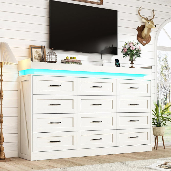 71" Wide 46" Tall Large Farmhouse 12 Drawers Dresser for Bedroom with LED Light and Power Outlets,Wood Rustic 12 Chests of Drawers for Closet,Tall Storage Dresser Organizer for Bedroom(White)