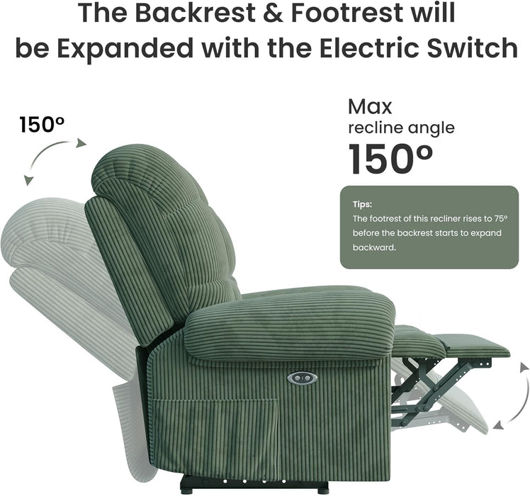 Upgraded 2024 New Power Recliner Chair for Adults, Adjustable Electric Chair Power Reclining Sofa, USB Port, Ultra-Comfy Corduroy Recliner for Living Room, Tool-Less Assembly Single Sofa Green