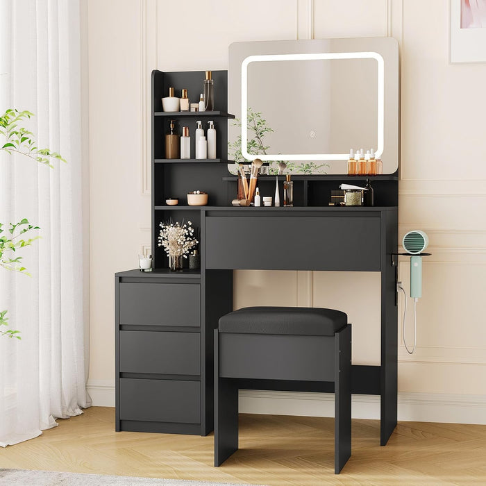 36-Inch Modern Vanity Desk with Mirror and Lights -Dressing Table with 3 Lighting Color Adjustable, Makeup Vanity Table with 4 Drawers, Power Outlet, USB Ports, Stool for Bedroom, Women,