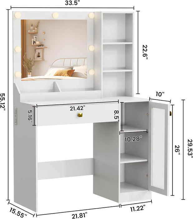 Makeup Vanity with Mirror and Lights, 34''W Dressing Table with Charging Station & RGB Glass Cabinet, Small Vanity Desk with 3 Color Lighting Modes & Adjustable Brightness