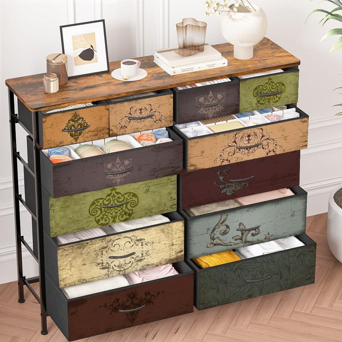 Dresser for Bedroom with 12 Drawers, Tall Fabric Drawer Dresser, Chest of Drawers for Closet, Nursery, Bedside, Living Room, Entryway, Hallway (Pattern)
