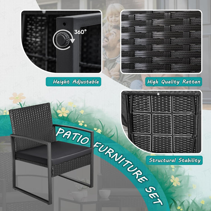 3 Piece Wicker Conversation Bistro Sets Outdoor Patio Set Modern Rattan Chair Furniture Sets with Coffee Table for Yard Garden Porch Lawn (Black)