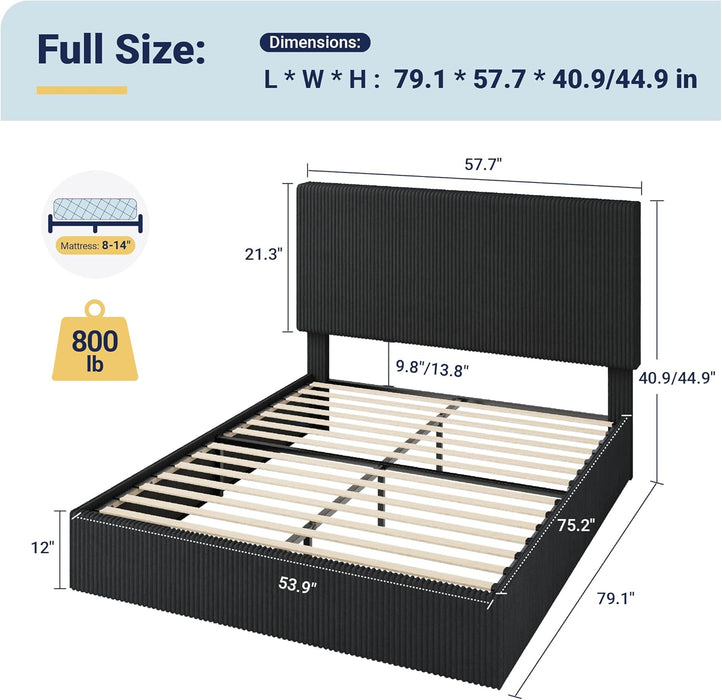 Full Bed Frame, Upholstered Platform Bed, Adjustable Vertical Channel Tufted Headboard, Corduroy Fabric, Modern Low Profile, Wooden Slats, No Box Spring Needed, Easy Assembly, Black