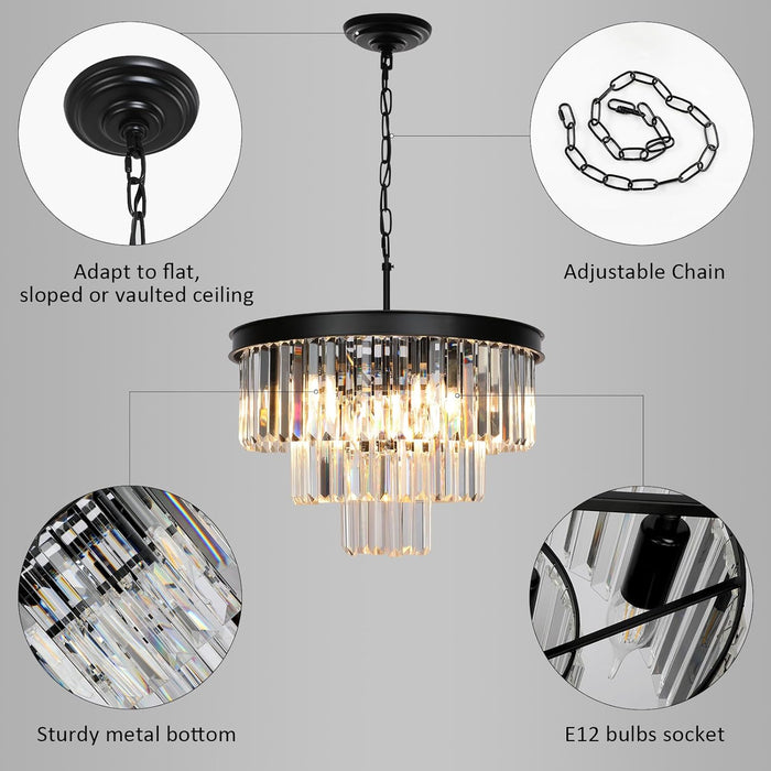Crystal Chandeliers for Dining Room Lights Fixtures, 9 Lights Black Modern Chandeliers for Bedroom, 3-Tier round Crystal Lighting Fixtures for Living Room Entryway Kitchen Island D20 Inch
