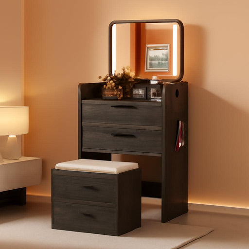 3 in 1 Vanity Desk with Flip Top Mirror and Lights,Glass Top Compact Vanity with 3Drawers &Rolling Stool, Modern Small Makeup Vanity Table W/Charging Station,Bedroom,Rustic Oak