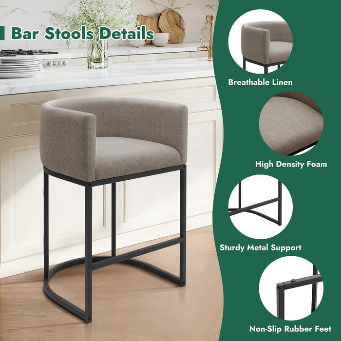 Counter Height Bar Stools Set of 2, 24 Inch Seat Height Barstools for Dining Room, Fabric Upholstered Bar Chair for Kitchen Island, Linen Counter Stools with Metal Legs, Sand