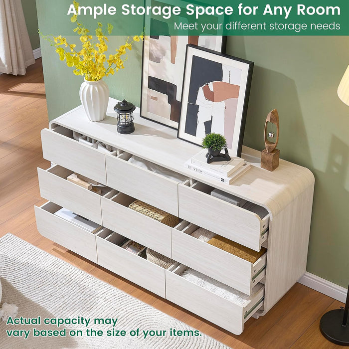 White Dressers of 9 Drawers, Chest Dresser with Deep Drawers, Modern Dresser Closet for Bedroom, Curved Drawer with Large Storage, 57'' Wide