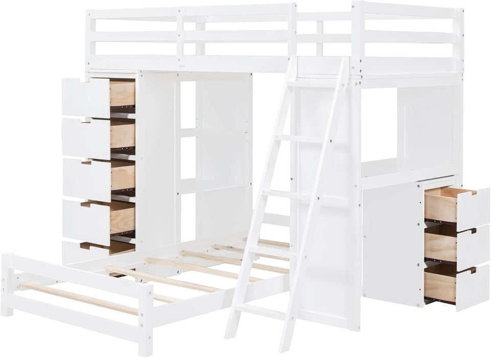 Modern Twin Wood Bunk Bed with LED Light and USB Ports, Storage Bunk Bed with Desk, Ladder for Bedroom, Dorm,Appartment Space-Saving White