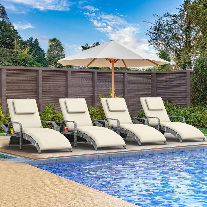 Patio Chaise Lounge Chair Set of 4, Wicker Chaise Lounge Outdoor Rattan Reclining Chair with Armrests/Pull-Out Cup Holder/5-Position Backrest/Cushion & Headrest-Beige