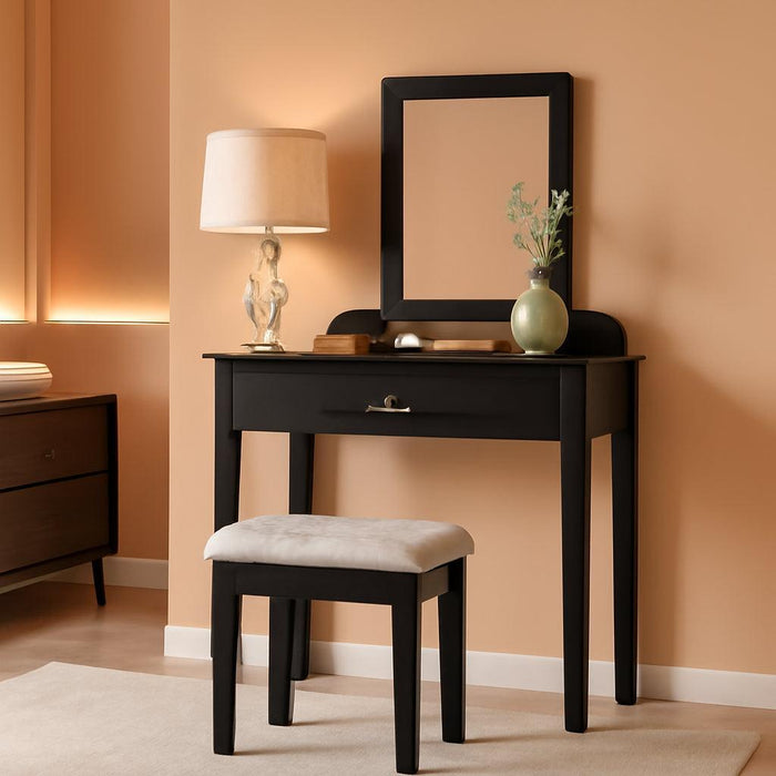 Vanity Dressing Table Stool Set, for Bedroom Vanities Furniture with Large 360° Rotating Makeup Mirror Solid Wood Legs Padded Linen Fabric Bench, Vanity Tables with Drawers, Black（1 Drawer）