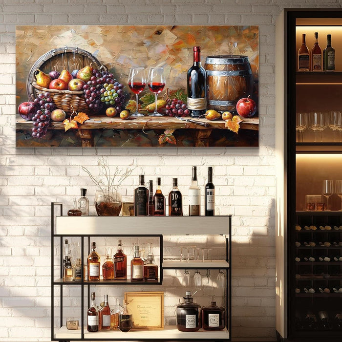 Kitchen Wall Art Grape Barrel Painting Red Wine Glass Fruit Artwork Prints for Dinning Room Bar Canvas Wall Decor for Living Room Food Still Life Abstract Picture Home Decoration 20X40In