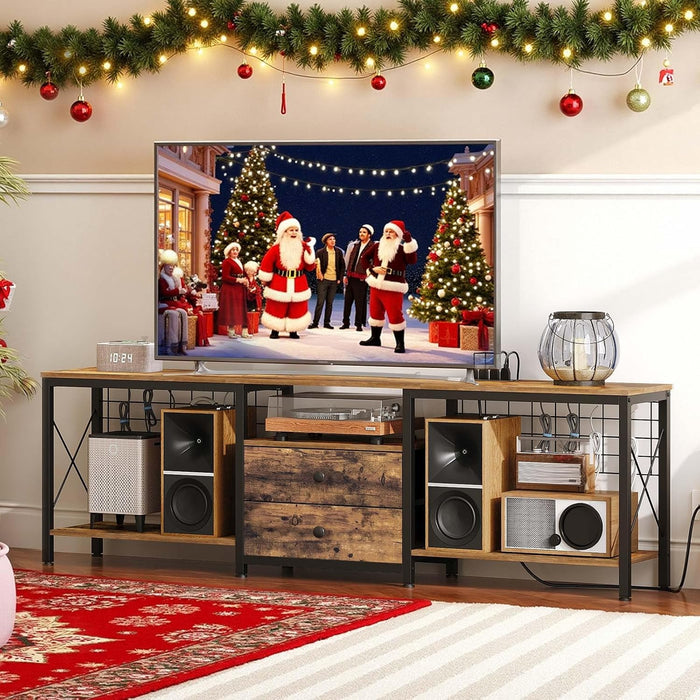 TV Stand with Power Outlet up to 75 Inch, Entertainment Center with 2 Fabric Drawers, TV Console Table with Open Storage Shelves for Tvs, Cable Management, for Living Room, Bedroom, DS18UBRY1